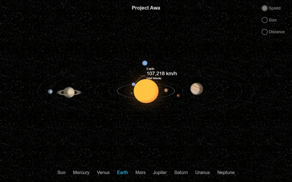 Screenshot of Project AWA showing planets orbiting the sun